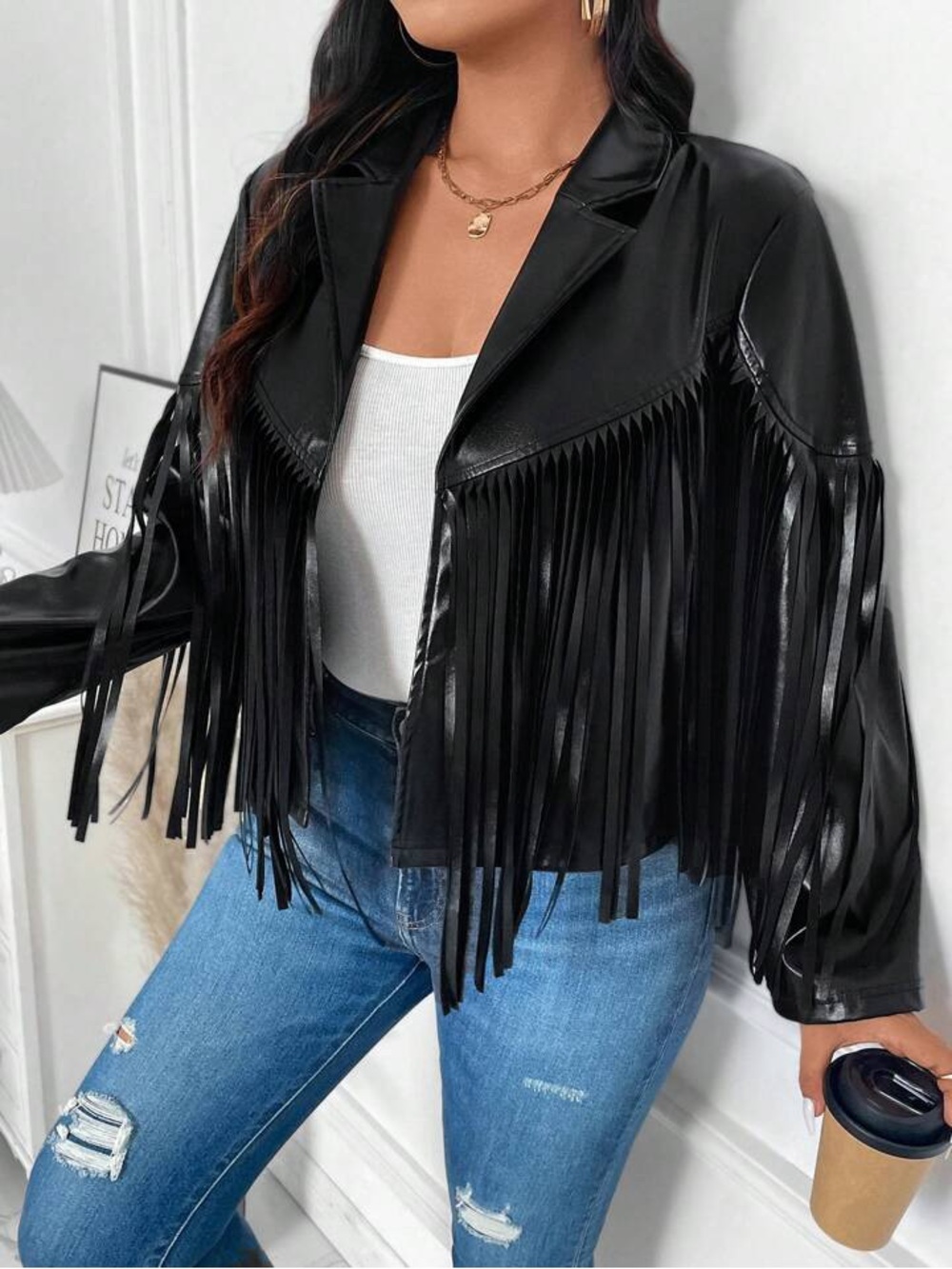 Womens Black Fringe Faux Leather Jacket boho blazer - Picture 4 of 6